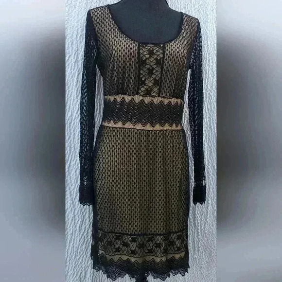 Max Studio Women's Vintage Y2K Nude/Black Illusion Crochet Lace Midi Dress Small - Picture 3 of 4